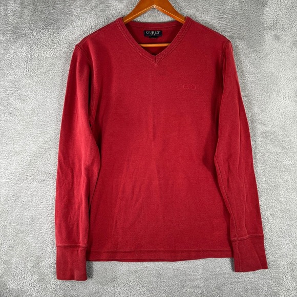 Guess USA Long Sleeve Shirt Mens Large Red‎ V-Neck Cotton Y2K 2000s - Picture 2 of 8